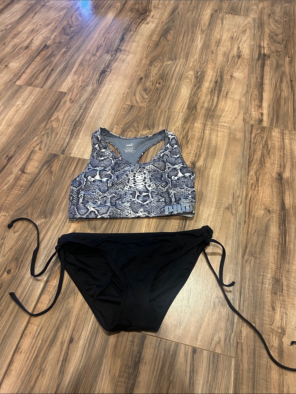 Puma Gray Snake-Print Sports Bikini Top with Black Tie-Side Bottoms